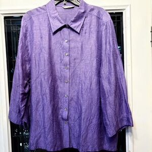 French Laundry Woman Purple Linen Silk  Blend Button Up BlousePlus Size 2X